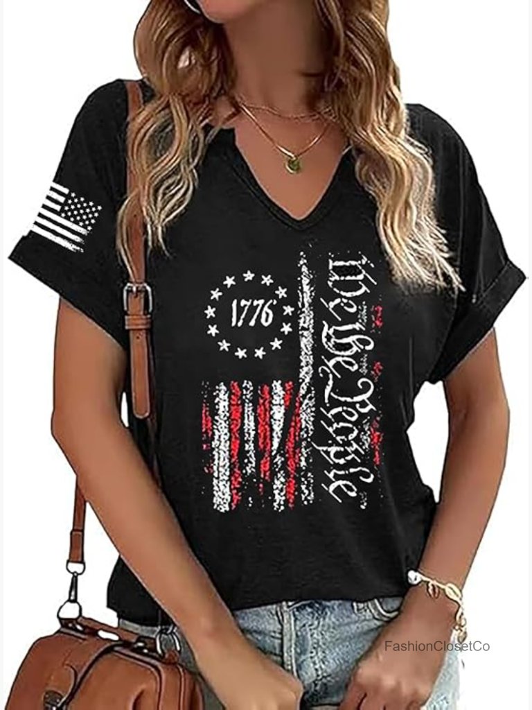 Patriotic American Flag Graphic Tee Short Sleeve Casual T-Shirt Women